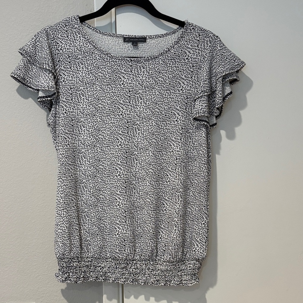 Adrianna Papell Black and White Ruffle Sleeve Blouse